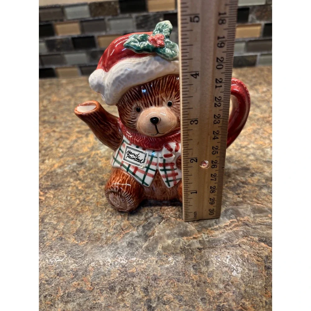 1991  Fitz & Floyd Christmas Teddy Bear Ceramic Teapot Santa Hat Plaid Vest VTG